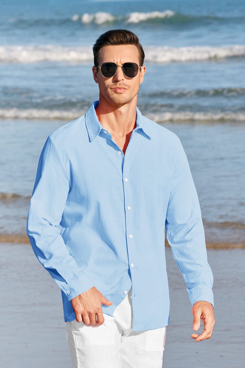 Runcati Mens Button Up Shirts Linen Beach Long Sleeve Casual Cotton Summer Lightweight Tops - Image 2